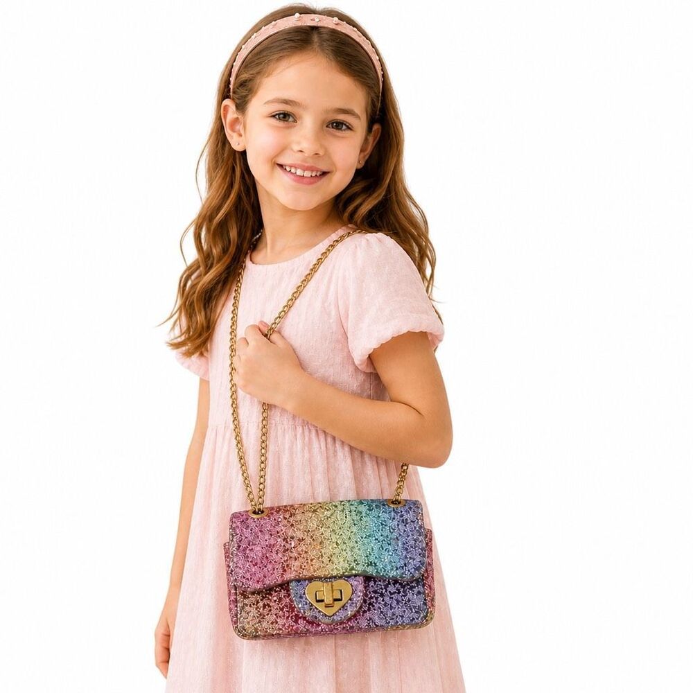 Mibasies Little Girls Rainbow Glitter Heart Lock Crossbody Purse Handbag